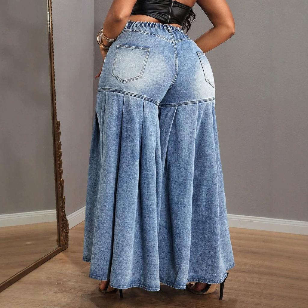 Women High Waist Pleated Wide Leg Denim Pants Casual Long Jeans