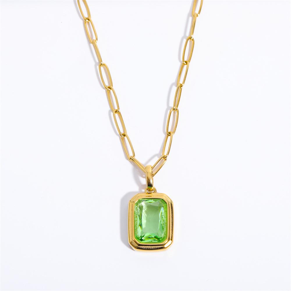 

Retro Colorful Square Crystal Pendant Necklace for Women Stainless Steel Rectangle Chain White Blue CZ Wedding Jewelry Gift New зелёный