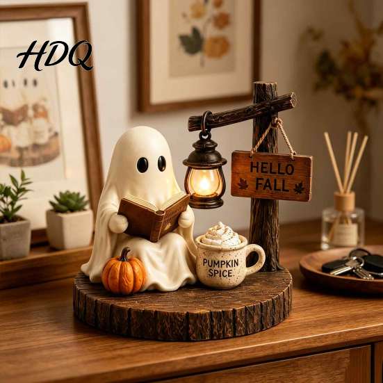 Decorazioni per il Raccolto Autunnale Statuetta Fantasma di Halloween Statua Vintage Accogliente per Leggere un Libro/Portare a Spasso il Cane con Lanterna Sculture Bizzarre Illumina