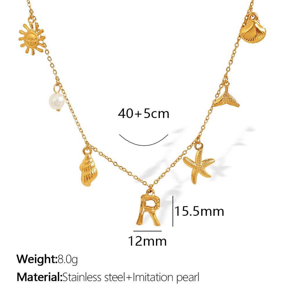 New Arrival Gold Boho Ocean Conch Starfish Shell Charm Necklace Stainless Steel A-Z Alphabet Initial Letter Beach Necklace Women