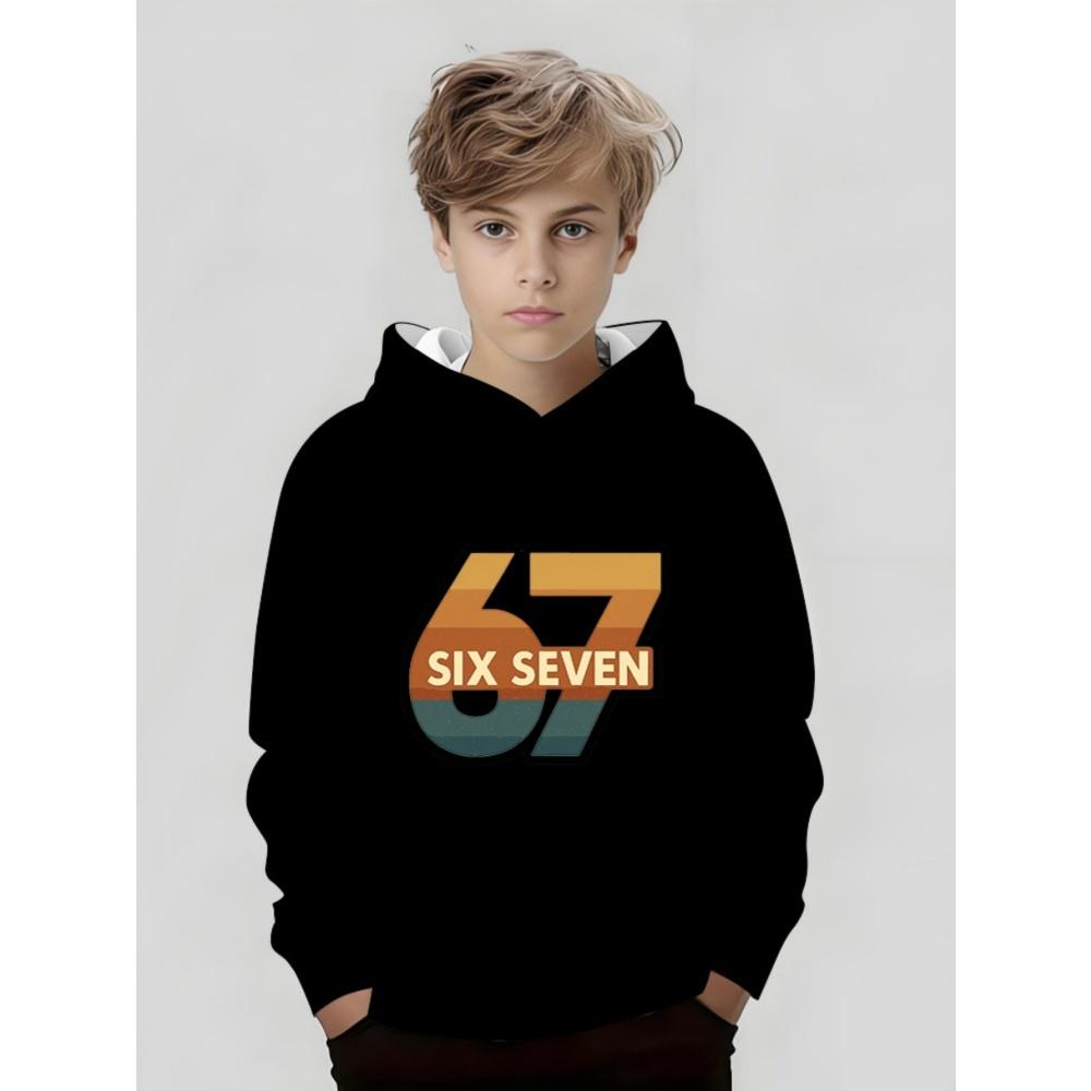 Huiteng1 Meme 67 Patroon Hoodie voor Jongen Casual Ronde Hals Korte Mouwen Hoodie Comfortabel Trendy Street Lange Mouw Kinderkleding 140
