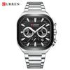 Mens Square Chronograph Watches Stainless Steel Wrist Watch with Date Luminous Hands Waterproof