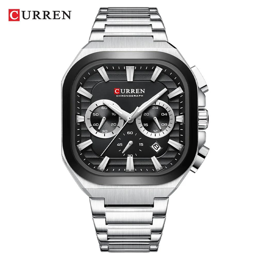 Mens Square Chronograph Watches Stainless Steel Wrist Watch with Date Luminous Hands Waterproof