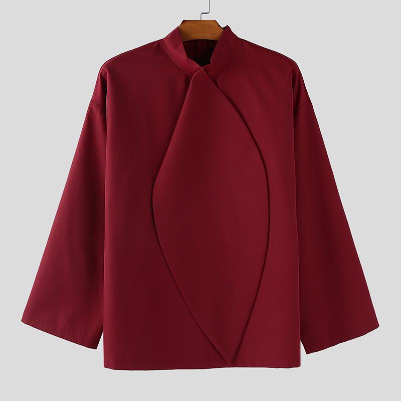 INCERUN Oversized Men Stand Neck Tie Up Long Sleeve Casual Loose Shirts