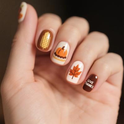 New Nail Patch Thanksgiving Maple Leaf Pumpkin Pattern Design Short Square Wearing Nail Patch