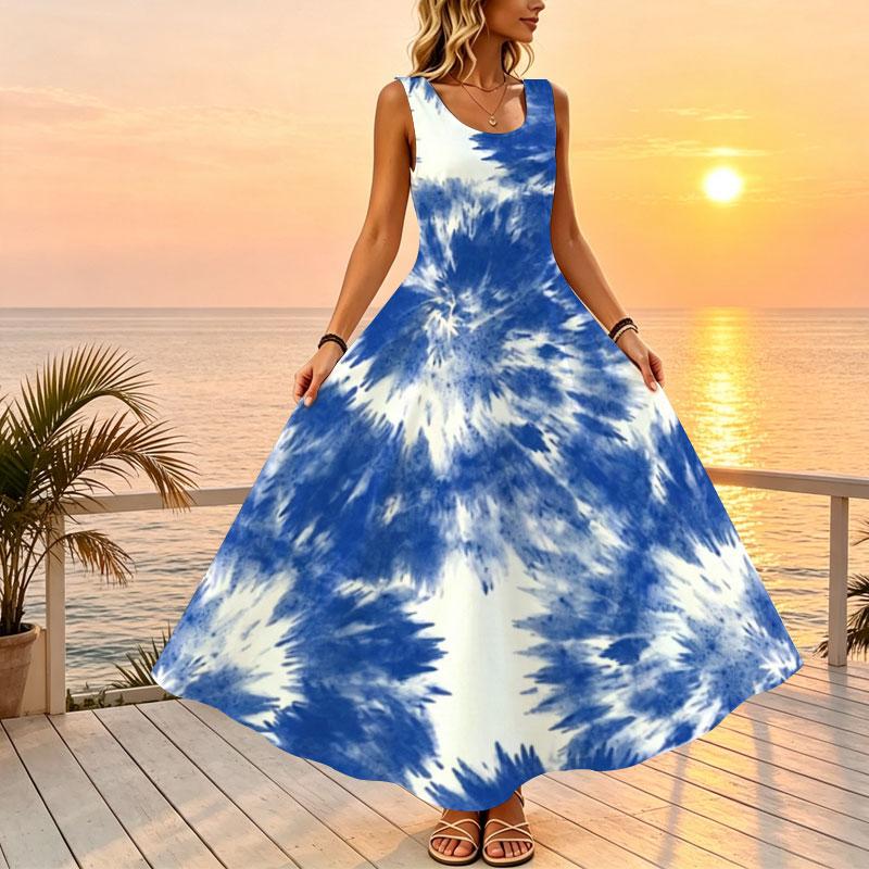 Sleeveless Maxi Dress,Tie-Dye Blue & White,Loose Fit,Soft Fabric Summer Casual Dress for Beach Vacation,Daily Use,Travel Photos,Versatile Fashion
