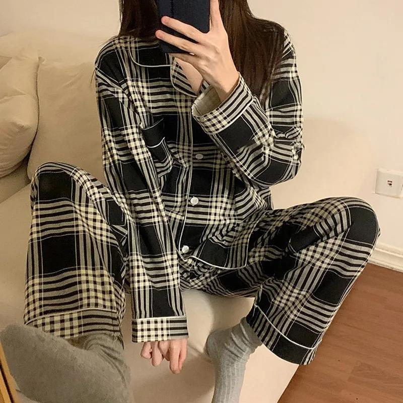 Pyjama Strickjacke Revers Herbst und Winter Retro Langarm Lange Hose Student Schlafen Pflegeleicht Schwarz Karo Damen