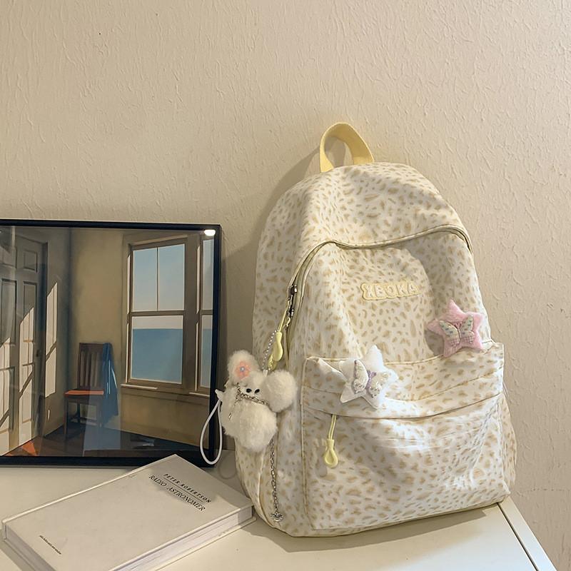 Fashion Pattern Leopard Student Backpack With Plush Pendant For Daily Use