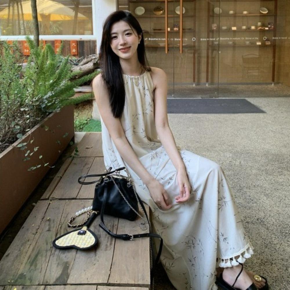 A-line Sleeveless Long Dress Loose Beach Vacation Sundress Floral Skinny Strap Dress  for Girls