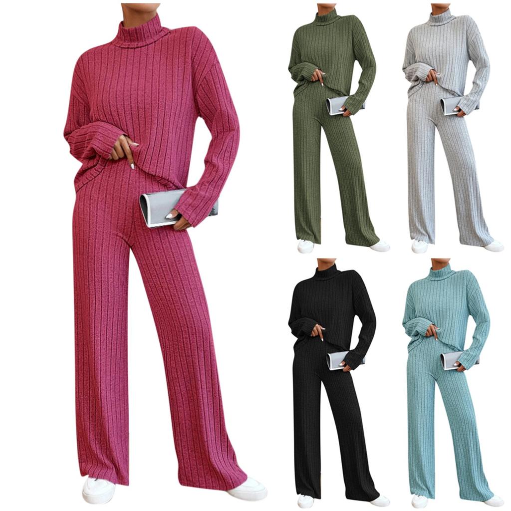 Women's Casual Solid Color High Neck Long Sleeve Set Loose Pants Two Piece Set