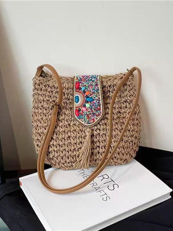 Women's 2025 Fashion Straw Tassel Crossbody Bag - Versatile Woven Beach Shoulder Bag