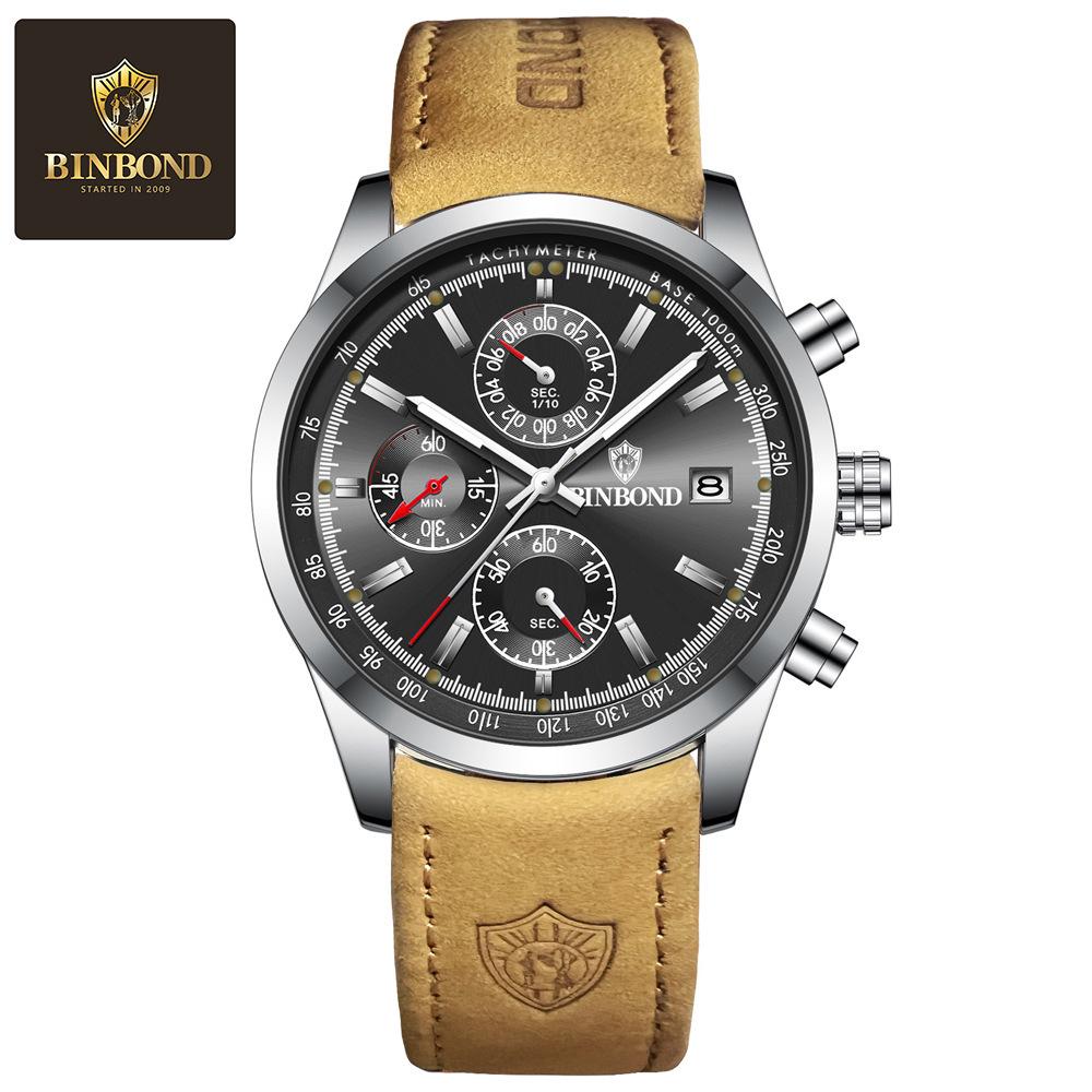 BINBOND Men's Waterproof Outdoor Sport Quartz Watch with Leather Strap