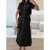 Slimming Knitted Dress Hollow Out Short Sleeve Lace Trim Waist Cinched Long Fashionable Sweater Dress