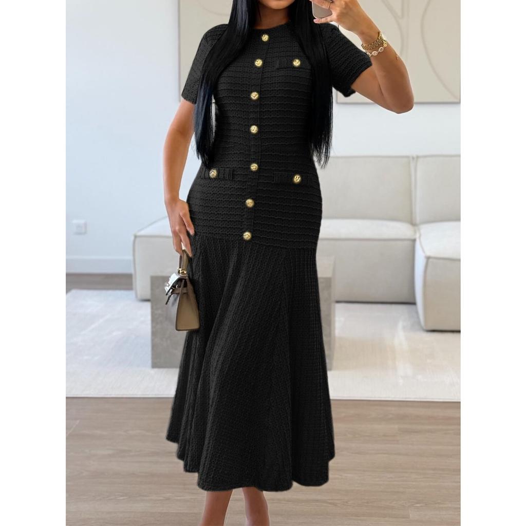 Slimming Knitted Dress Hollow Out Short Sleeve Lace Trim Waist Cinched Long Fashionable Sweater Dress