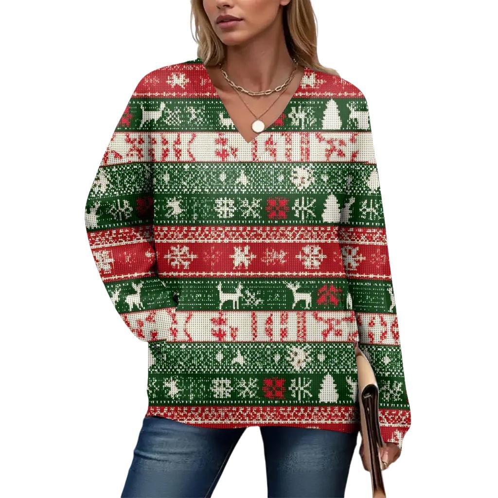 Damtopp med långärmad jultryck och avslappnad design