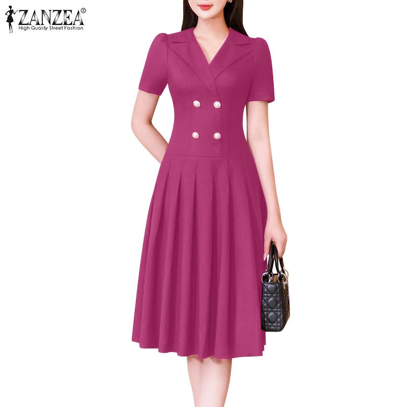 ZANZEA Damen Casual Turn Down Kragen Lose Kurzarm Plissee Kleid