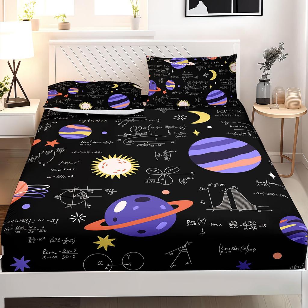 Math Galaxy Cartoon Planet Pattern Sheet Three-Piece Digital Printing Bedding Boys Girls