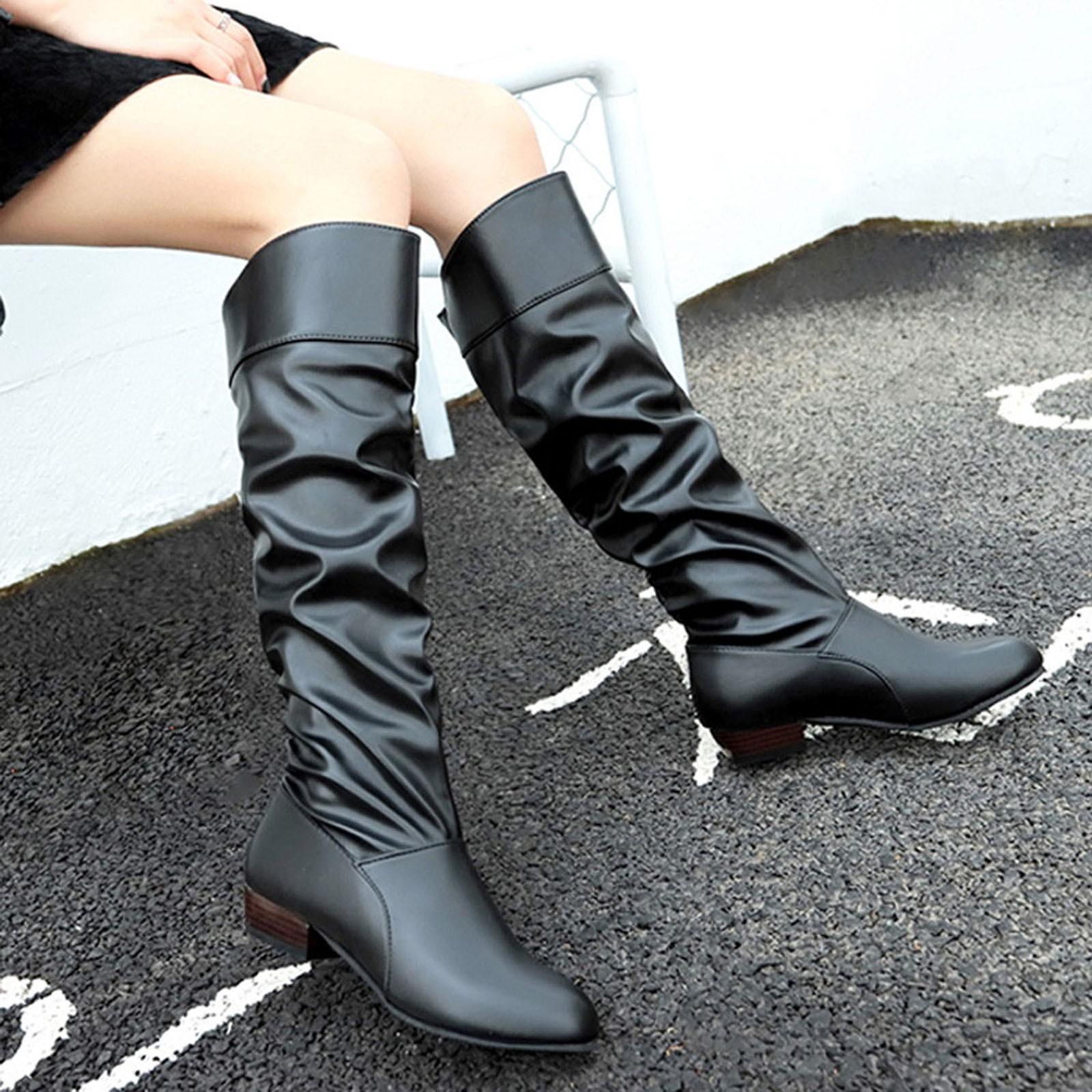 Женские однотонные высокие сапоги на квадратном каблуке без шнуровки — фото 9