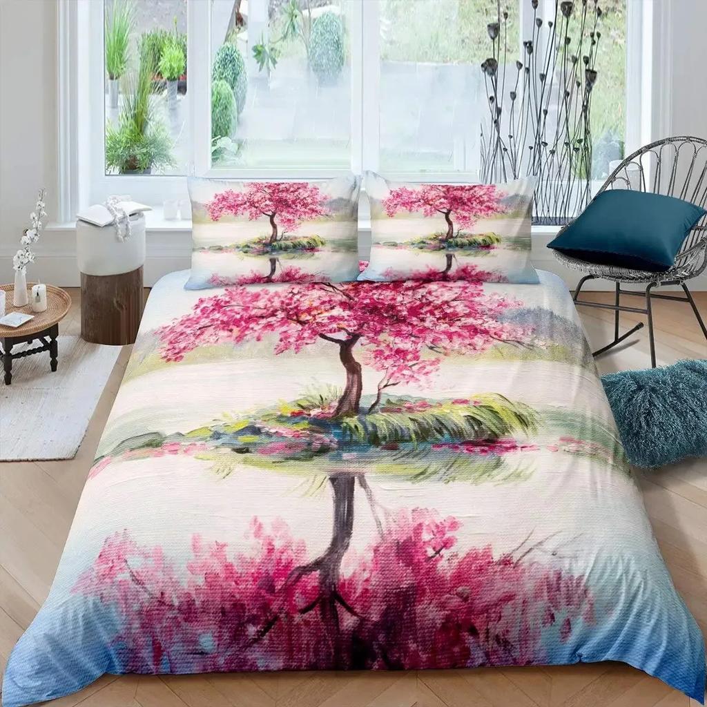 Cherry Blossom Duvet Cover Set Pink Flower Bedding Set for Girls Adults Petal Floral Comforter Cover Japanese Style Quilt Cover