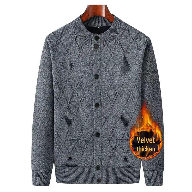 Men's V-Neck Thick Fleece Cardigan: Warm Knitwear for Dad and Grandpa