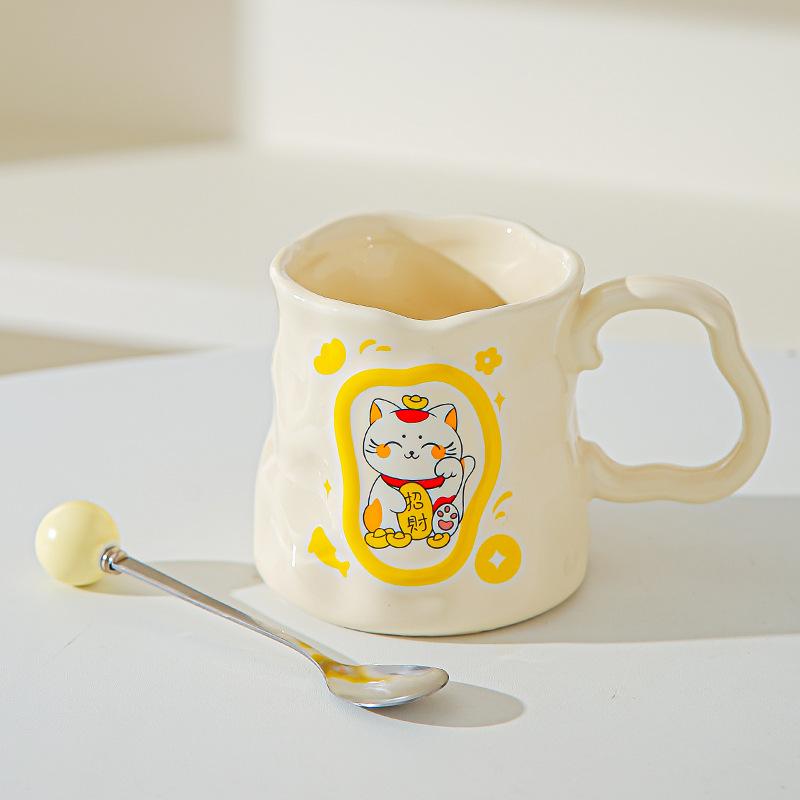 Cupa Ceramică Pisică Norocoasă Desen Animat Cupă Iregulară cu Aspect Înalt Cupă Creativă pentru Lapte/Mic Dejun Suvenir de Deschidere