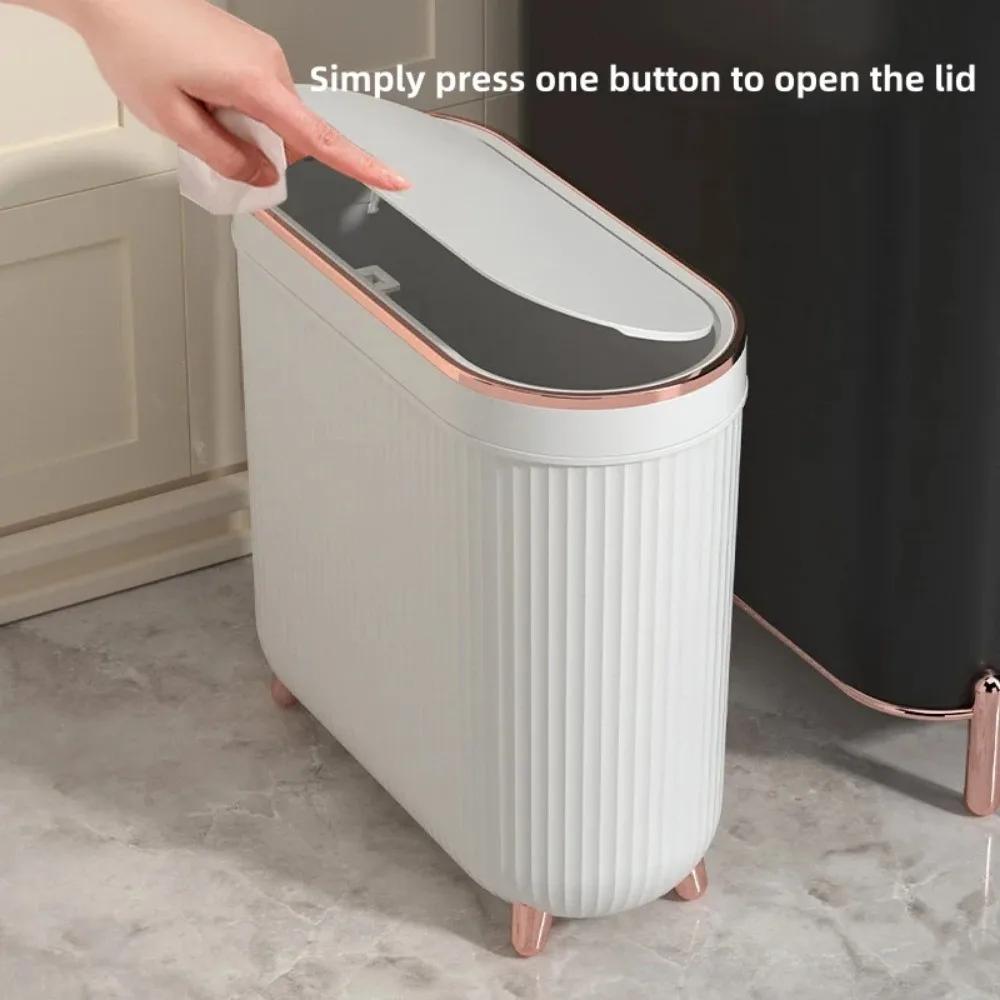 Narrow Side Wastebasket with Cover Press-type Trash Can Large Capacity Bathroom Trash Bin Kitchen Garbage Cube Home Bathroom Can