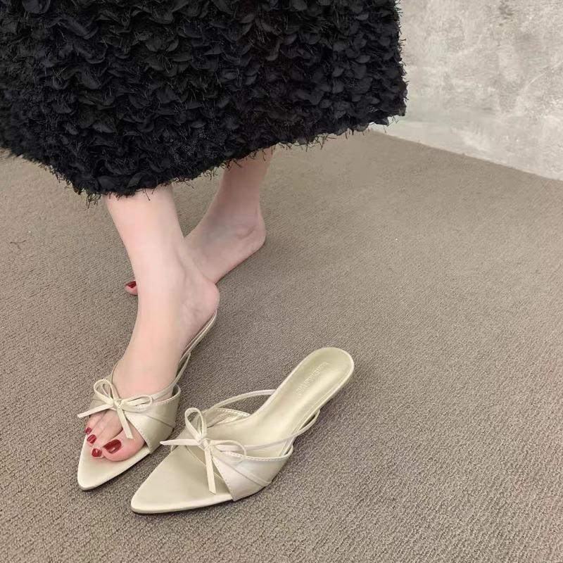 Summer new satin pointed head fish mouth high heels thin heel sexy word wear cool slippers half drag