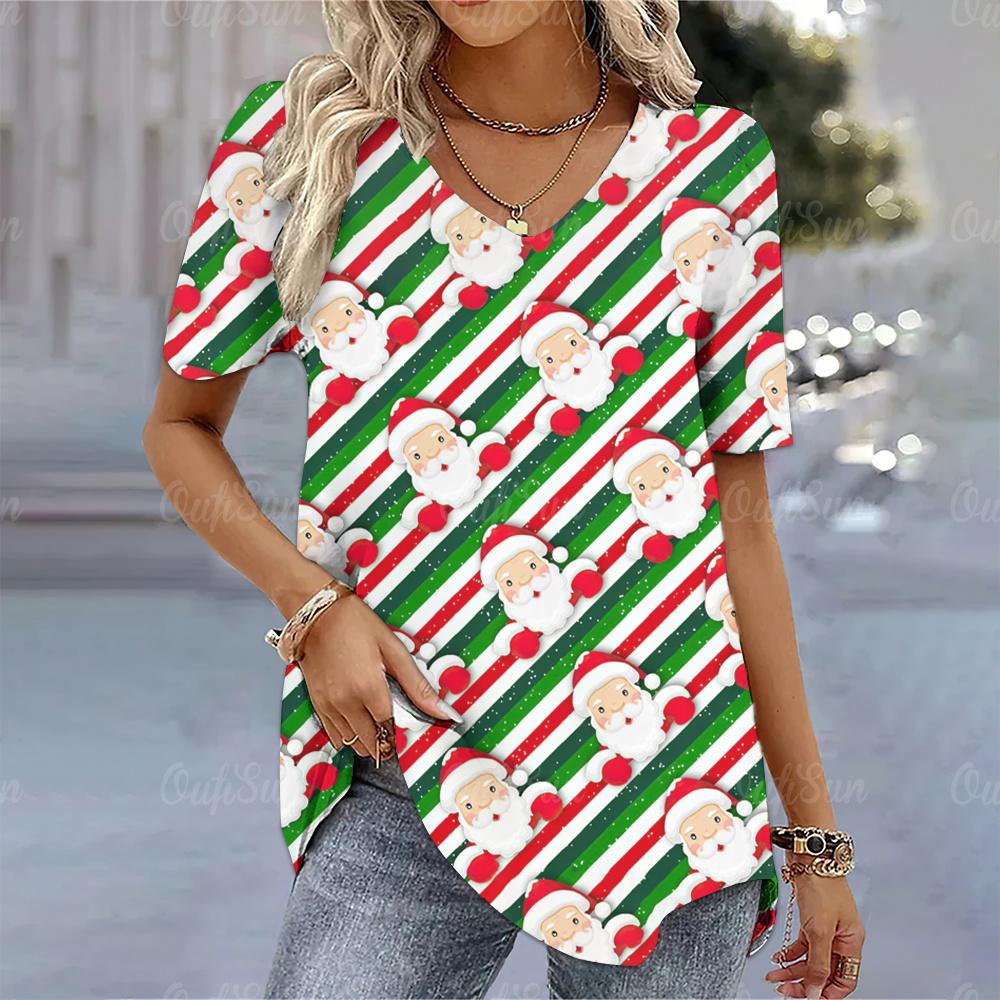 Christmas Women's T-Shirt 3d Printed Short Sleeve Tees Christmas T Shirt For Women Fashion V-Neck Top Holiday Oversized Clothing