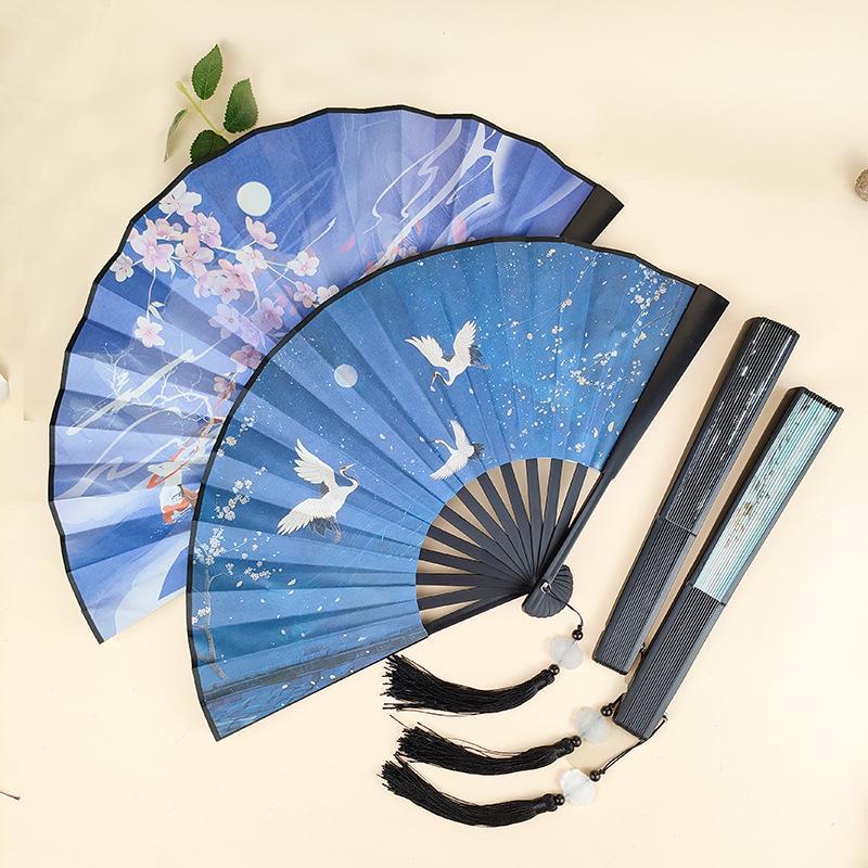 Ancient Style 8-Inch Folding Plastic Fan with Tassel for Men's Hanfu Dance