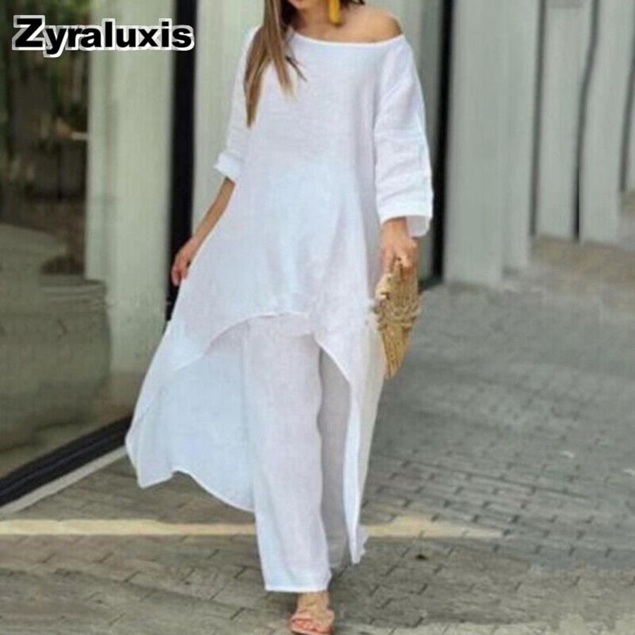 Moda Donna Casual Taglie Forti Set Irregolare Manica Lunga Pantaloni a Gamba Larga Completo Due Pezzi