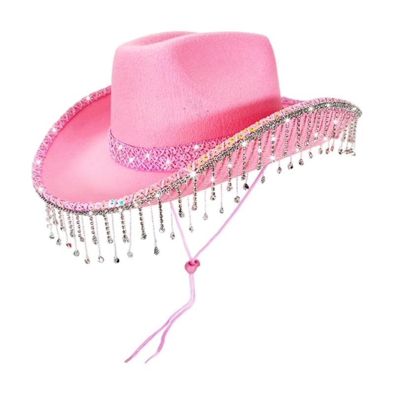 Decorative Rhinestones Bridal Hat With Lace Tassels Detailing Panama Hat for Bachelorette Party Stage Dancing