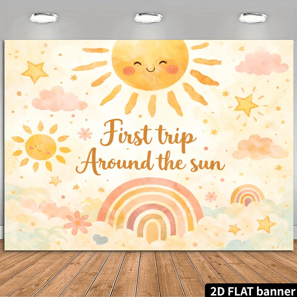 2D plane "First Trip Aro The Sun" Birthday backdrop, watercolor smiling face, sun, rainbow, star elements