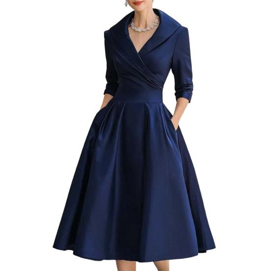 Women's Lapel V Neck Work Dress Long Sleeve A Line Swing Dress Formal Business Office Midi Blazer Dress
