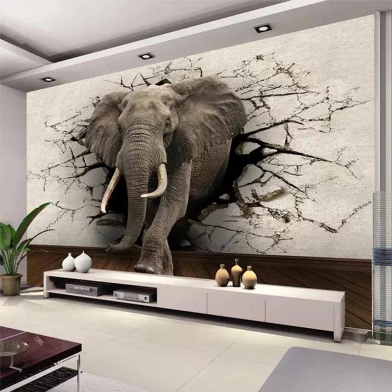 3d Broken Wall Elephant Rhinoceros Photo Mural Wall Paper For Kids Bedroom Living Room Decor Wallpaper