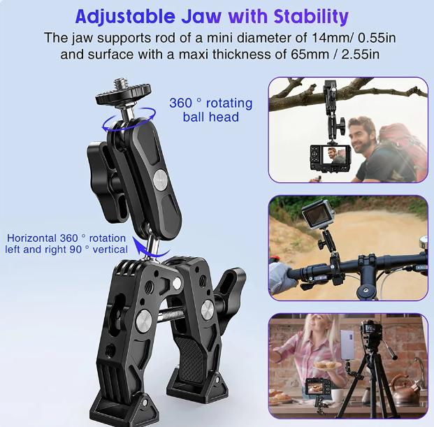 Aluminum Super Clamp with Double 360° Ball Head Magic Arm For GoPro Insta360 DJI OSMO Aciton Mobile Phone Action Camera