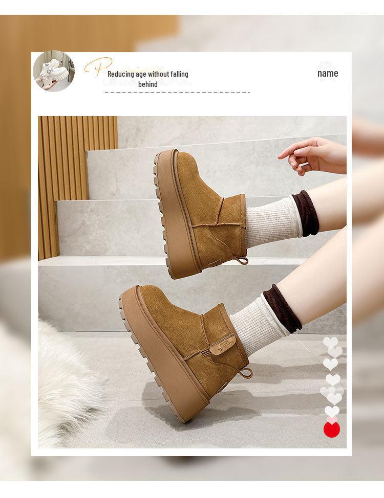 Women's 2024 Warm Leather Snow Boots - Small Size, Low-Top, Non-Slip, Thick-Soled, Height-Enhancing, Plush Winter Short Boots