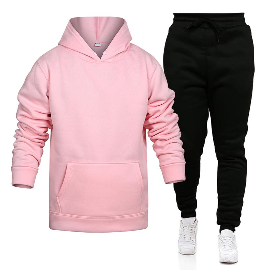 Men's Winter Solid Color Long-Sleeved Hooded Drawstring Sweatshirt And Sweatpants Suit