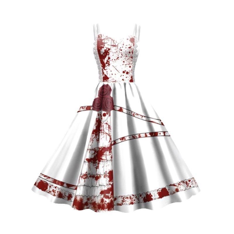 Jialin Halloween Dress For Women Scary Printed Sleeveless Costume Dress Summer)