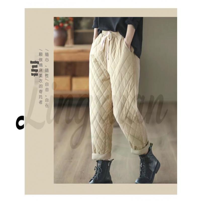 Women s Retro Diamond Pattern Elastic Waist Harem Pants - Thickened, Padded, Casual, Warm Cotton Trousers. L