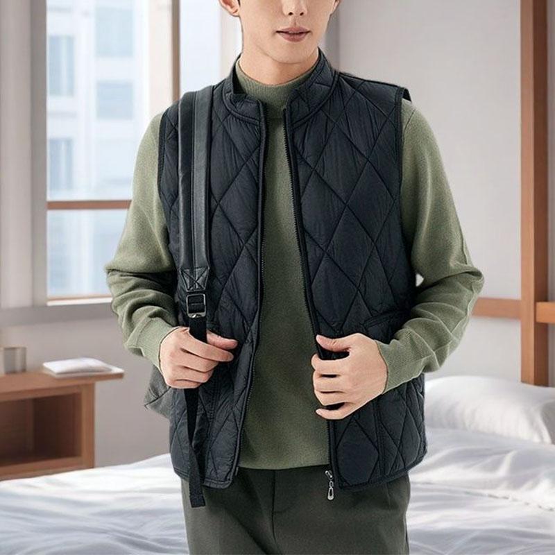 Høst Vinter Ny Herre Tynn Dun Bomullsjakke Vester Ståkrage Ensfarget Glidelåslommer Mote Casual Løs Ermeløs Cardigan Topp