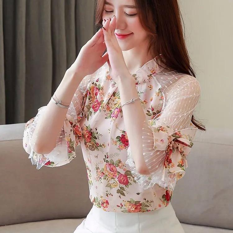 

Women s Summer Lace Print Chiffon Floral Short-Sleeve Bell-Sleeve Top 2XL рожевий