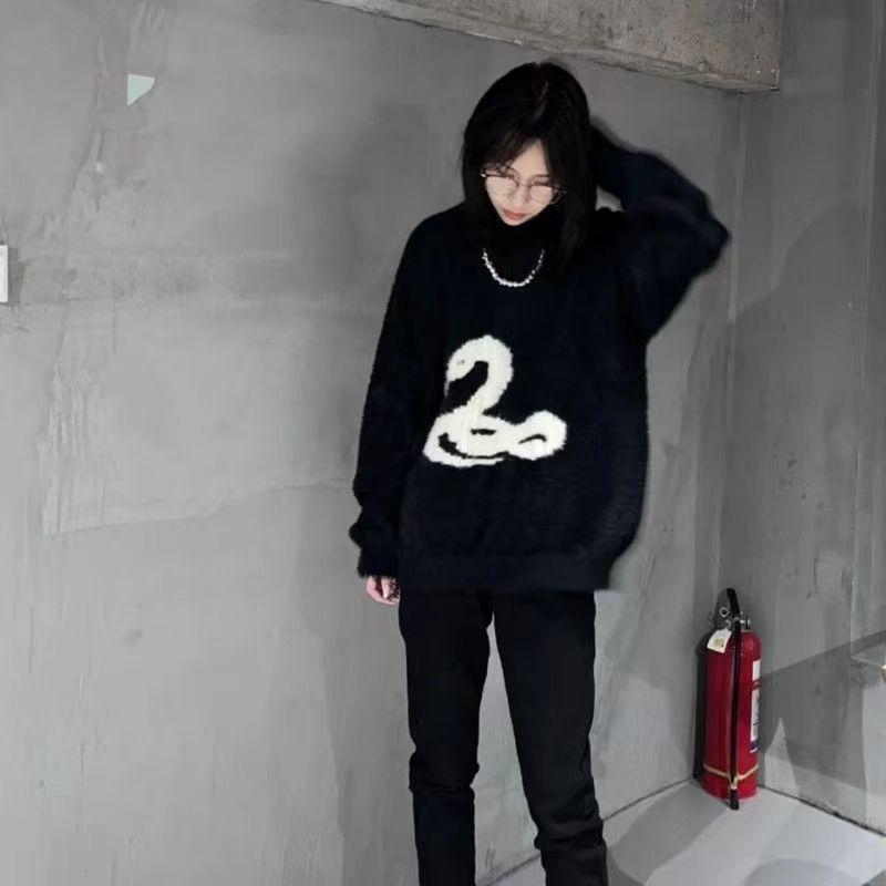 Y2k vit gotiskt tryck dam tröja Oversized Harajuku Koreanskt mode stickade tröjor Orm Höst Varm Streetwear