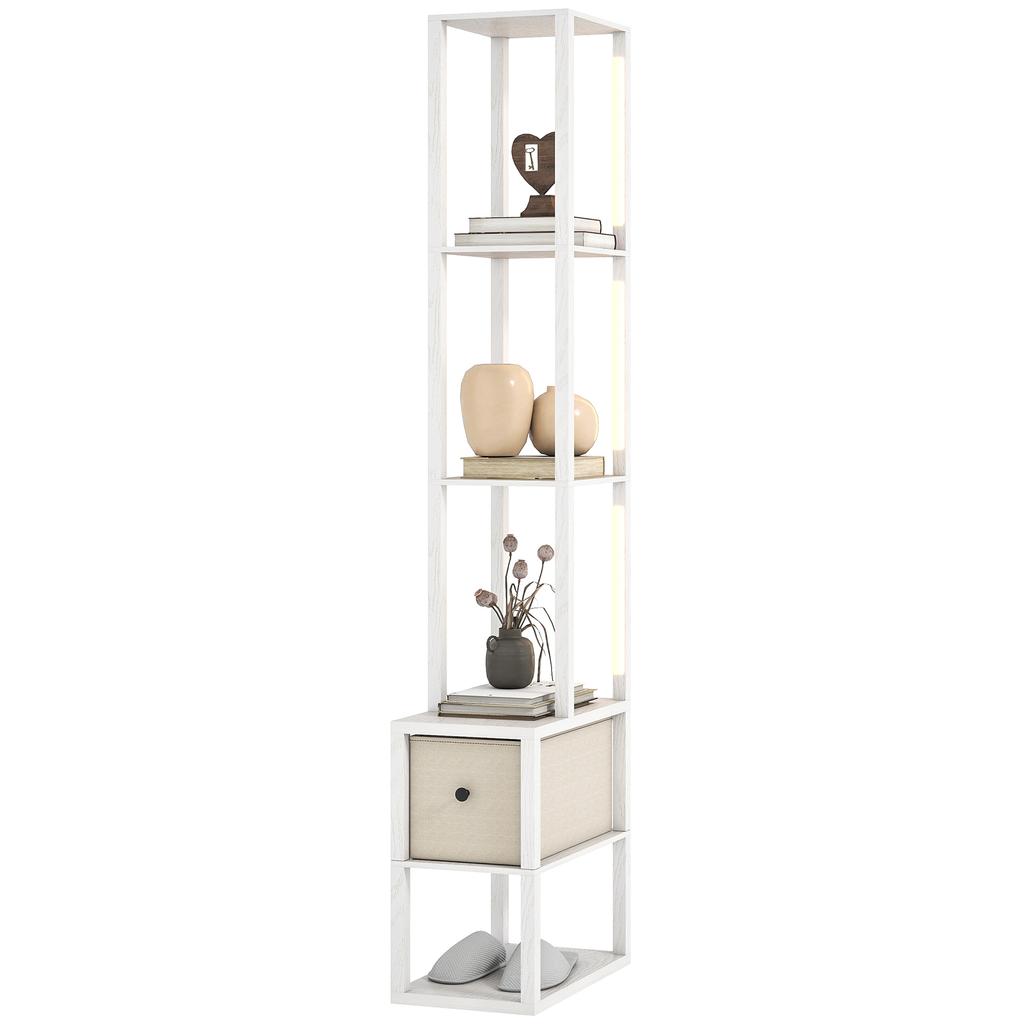 Floor Lamp with Shelves, LED Column Modern Standing Lamp with Fabric Drawer, Adjustable Brightness, Foot Switch for Living Room, Bedroom, Office