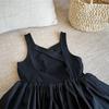Korean Girls Sleeveless Backless Black Dress - Flower Bud Style Puffy Dress for Children