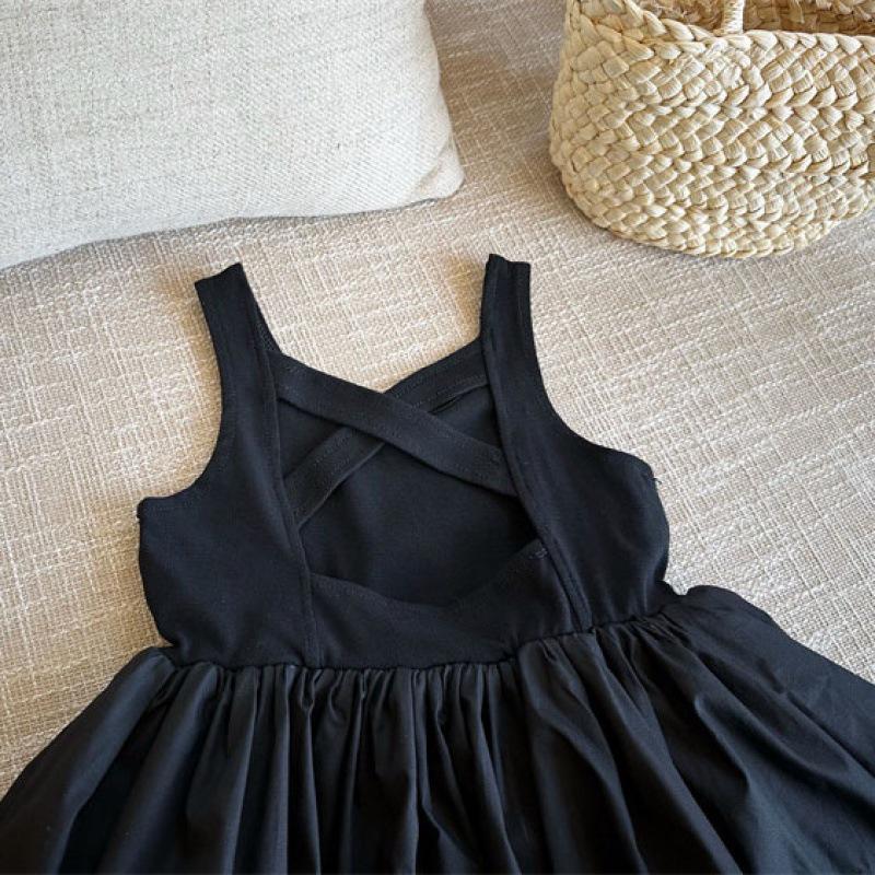 Korean Girls Sleeveless Backless Black Dress - Flower Bud Style Puffy Dress for Children