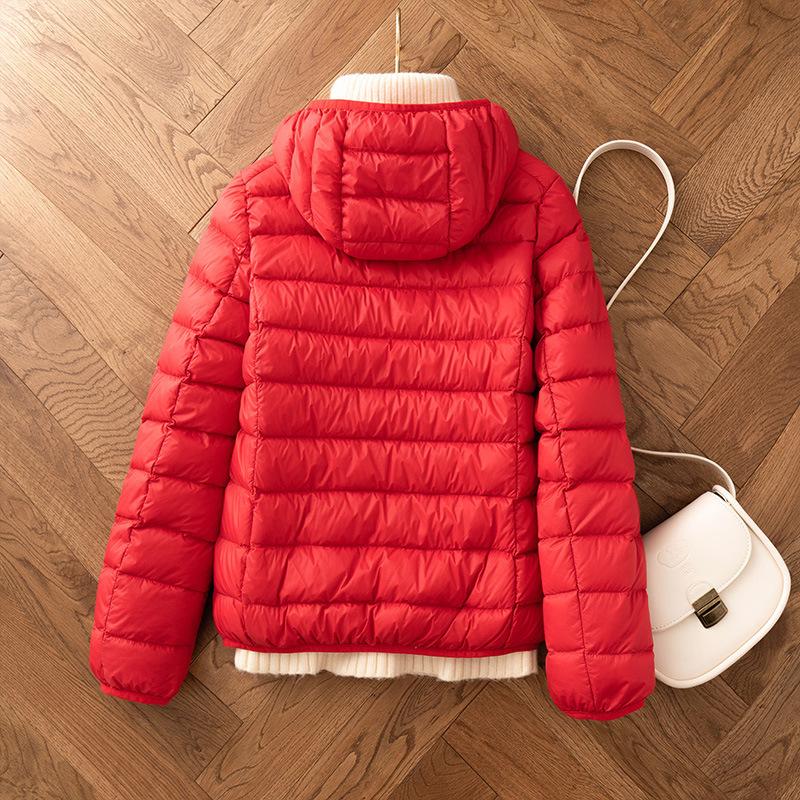Weiße Entendaune leichte Daunenjacke Damen kurz neu leicht warm Mode Kapuze leichte Jacke
