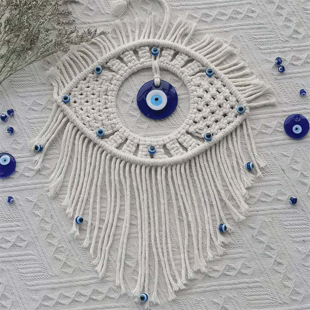 Evil Eye Macramé Wall Hanging - Handmade Boho Tapestry - 33x28cm - Lucky Amulet For Home & Bedroom