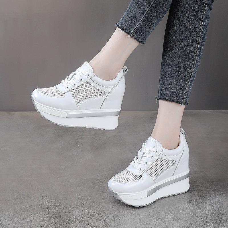 Fashion 10cm Air Mesh Genuine Leather Women Comfy Spring Fashion Chunky Sneaker Flats Ankle Boots Platform Wedge Sneakers Summer Shoes
