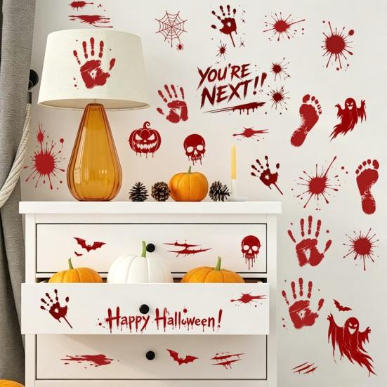 Atmospheric Haunted House Accents Halloween Horror Stickers, with Spooky Handprints Footprints Printed, Creepy Text Decals Self-adhesive Decals,
