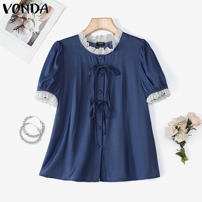 

VONDA Women Casual Lace Patchwork Short Sleeve Crochet Hem Buttons Blouse Tops 4XL темно-синий
